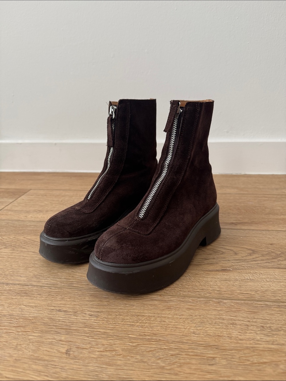 Chunky Platform Zip Front Suede Ankle Boots - Dark Brown